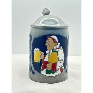 Vintage German Beer Stein Ceramic Metal Lid Cheerful Bartender w Mug at Tavern